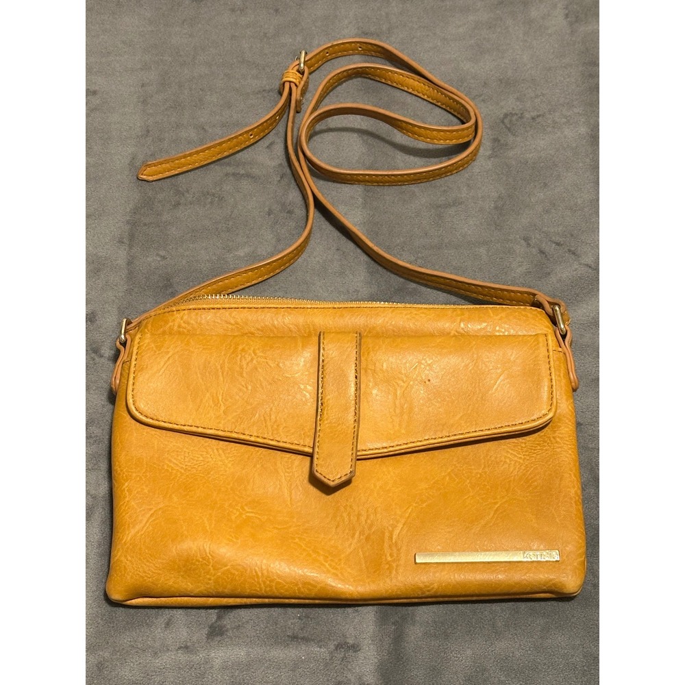 Kensie Womens Mustard Yellow Faux Leather Crossbody Bag Gold Hardware Slim Purse